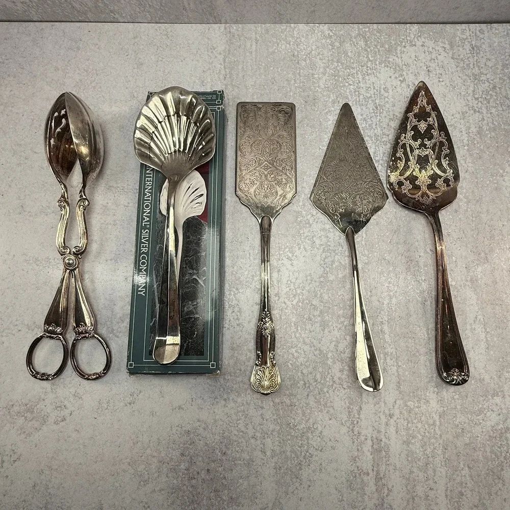 Vintage Silver Plated Pie‎ Serving Utensils 5 Set - Gorham Heritage Salad Tongs